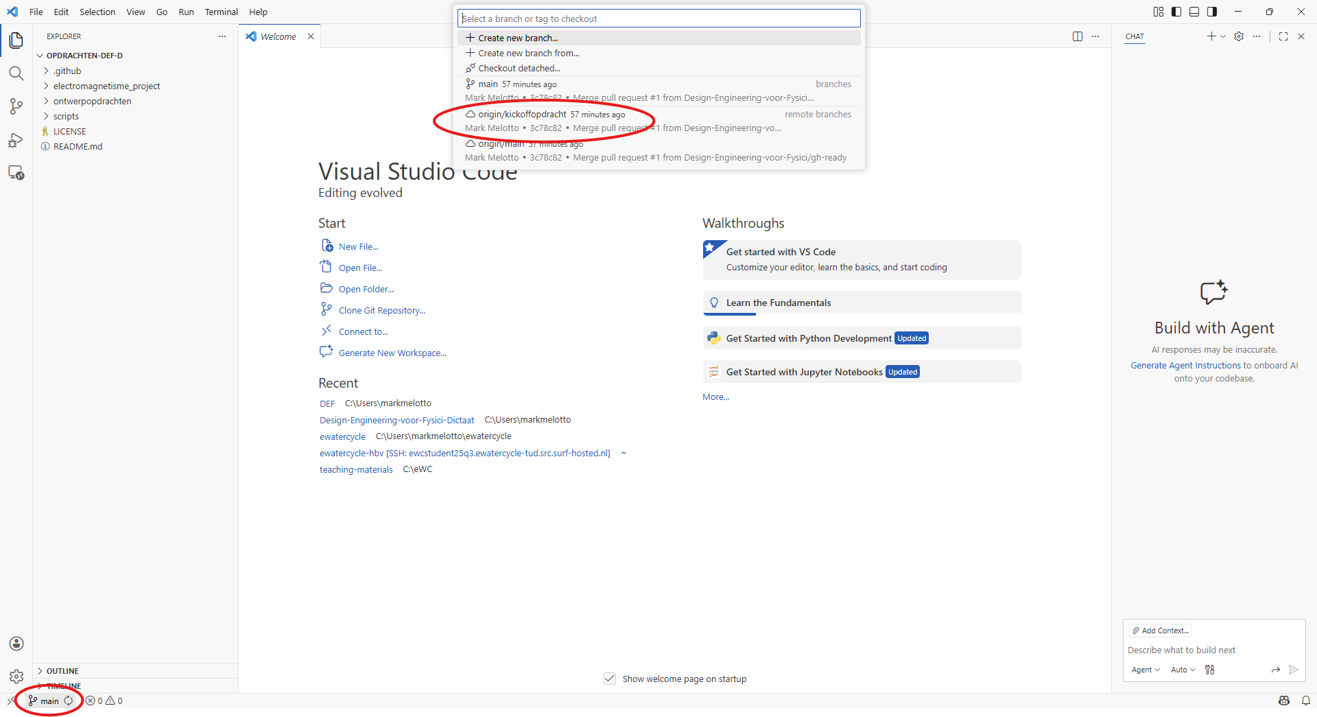 Switchen naar de goede branch