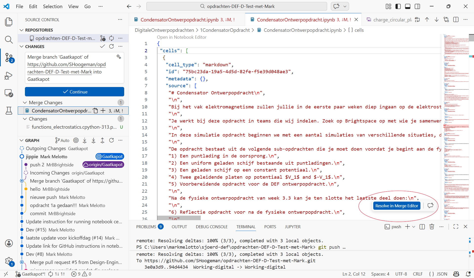 Zo ziet de merge eruit in VSCode.