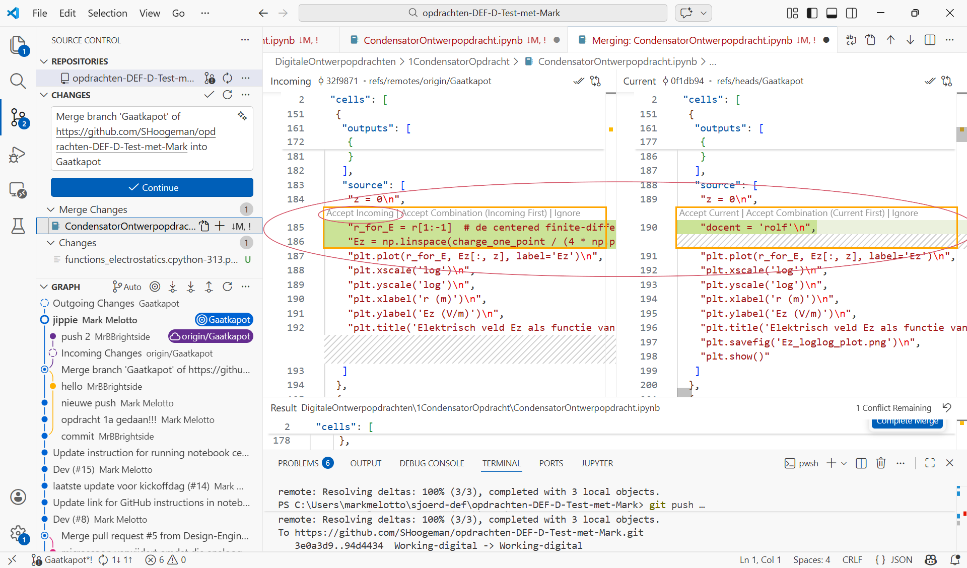 Zo ziet conflict eruit in VSCode.