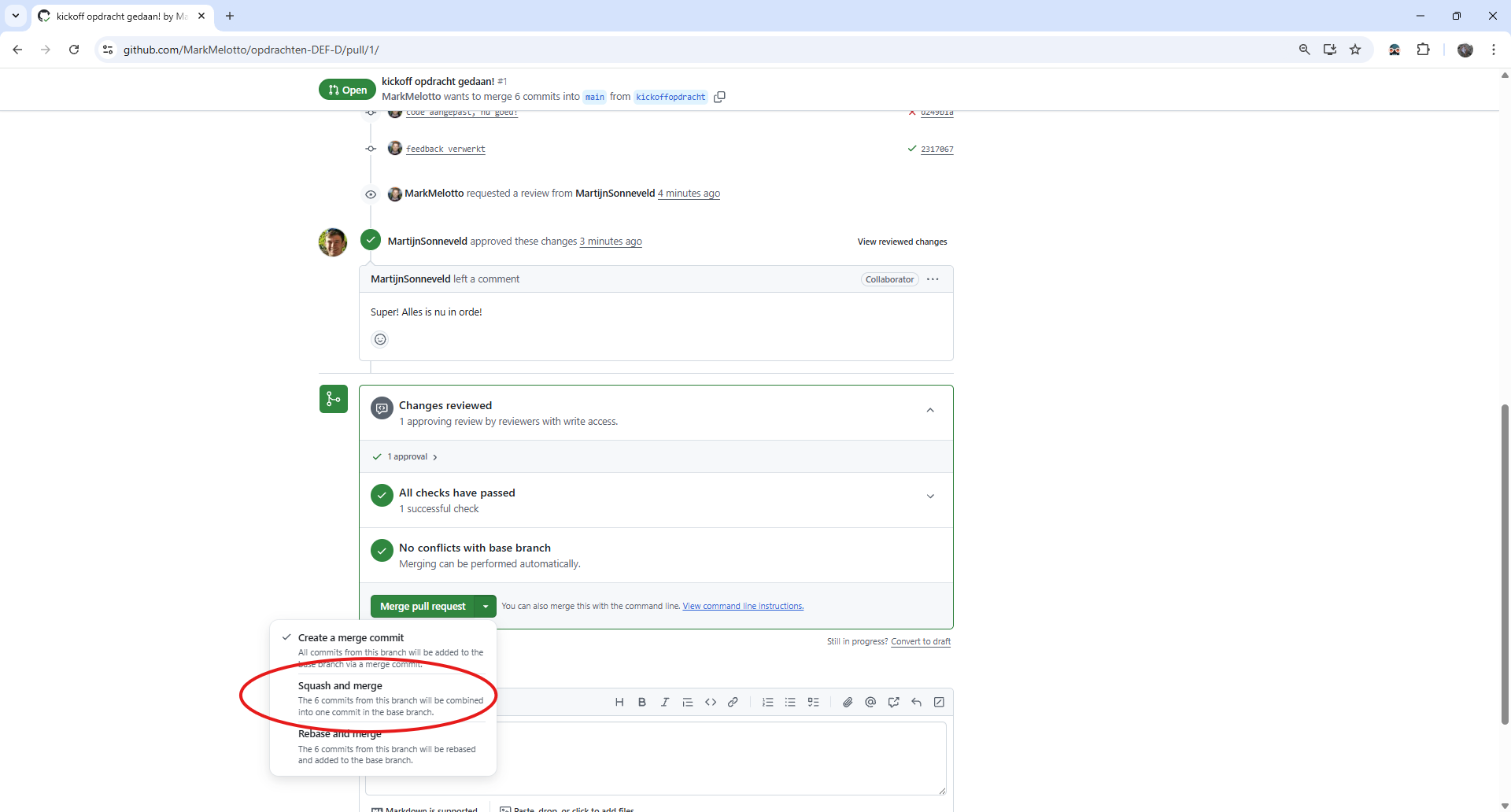 Squash mergen selecteren.