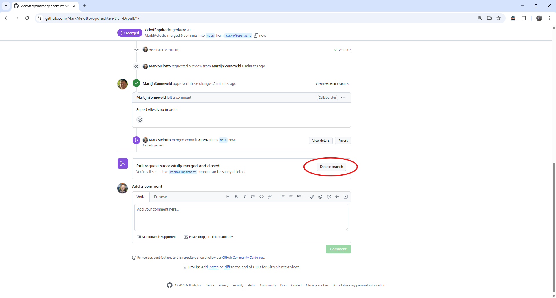 De branch verwijderen.