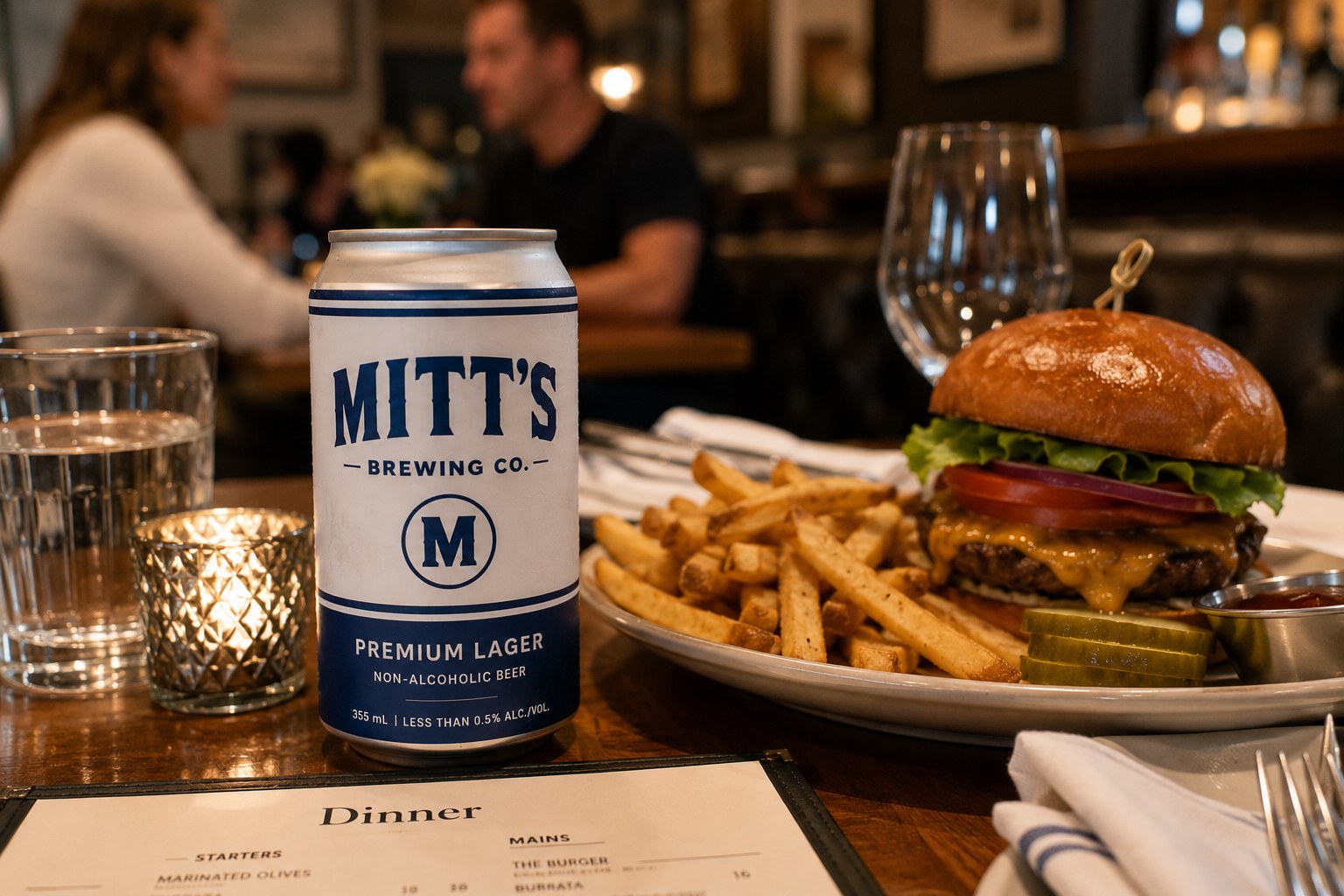 Mitt's Premium Lager served with a burger and fries