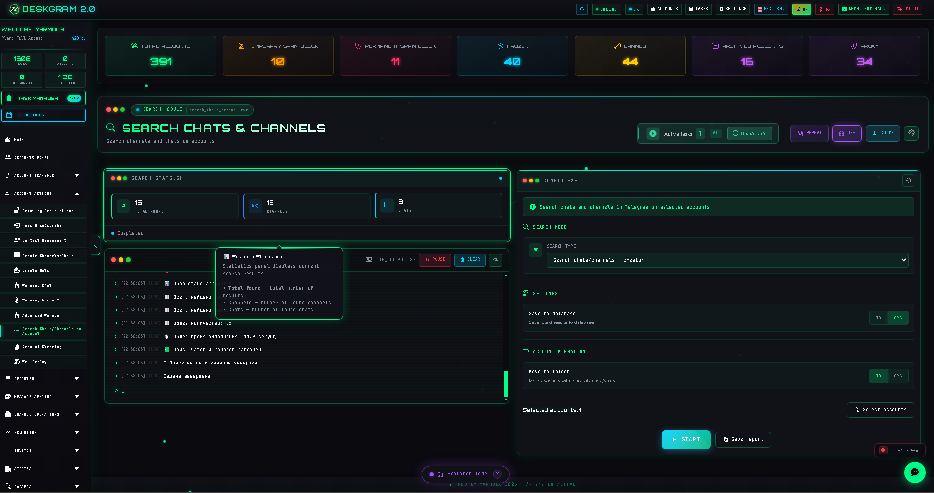 Account chat search: statistics