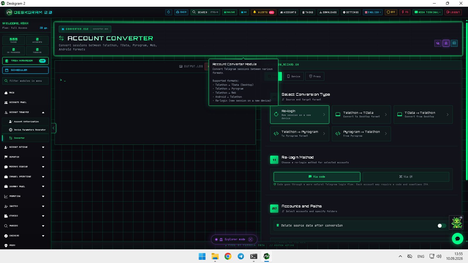 Choose the conversion mode and prepare authorized Telegram sessions. Account converter main screen