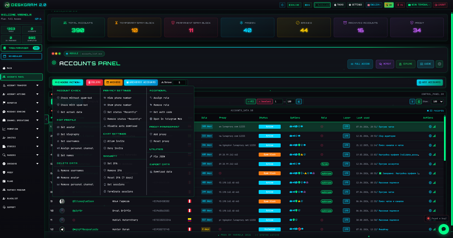 Account actions