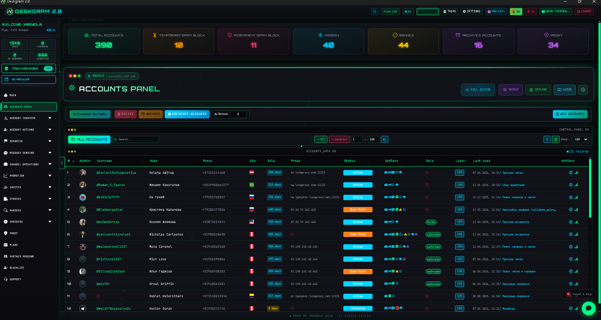 Account panel main screen
