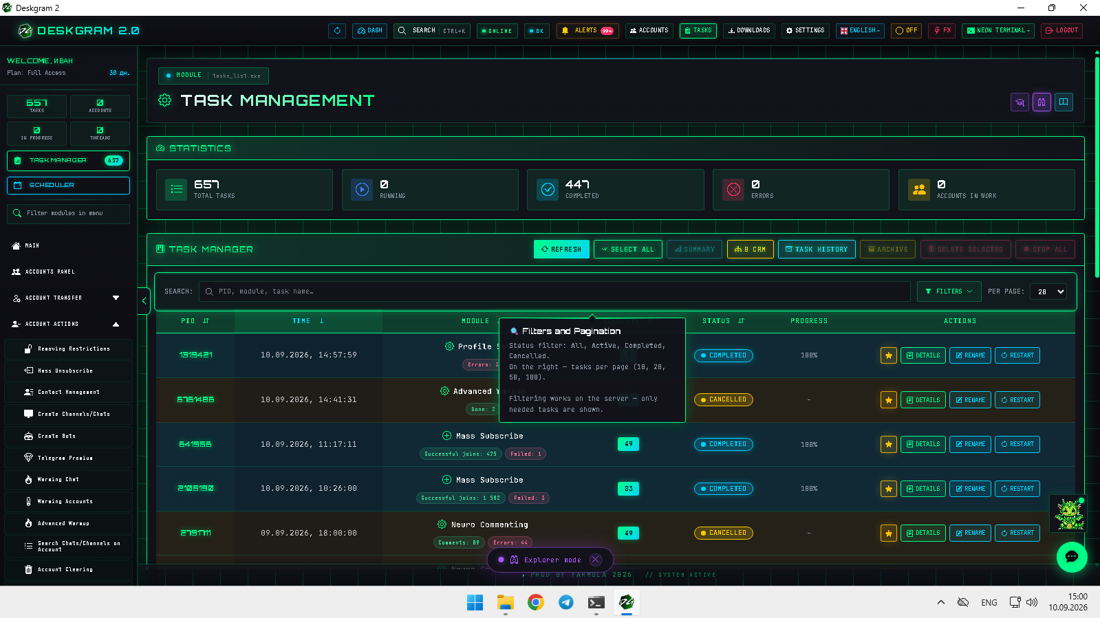 Main Task Manager screen. Task manager main screen