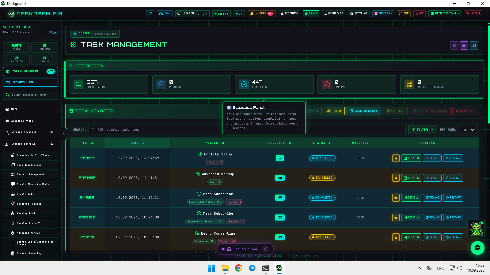 Account statuses and task logs. Task account progress