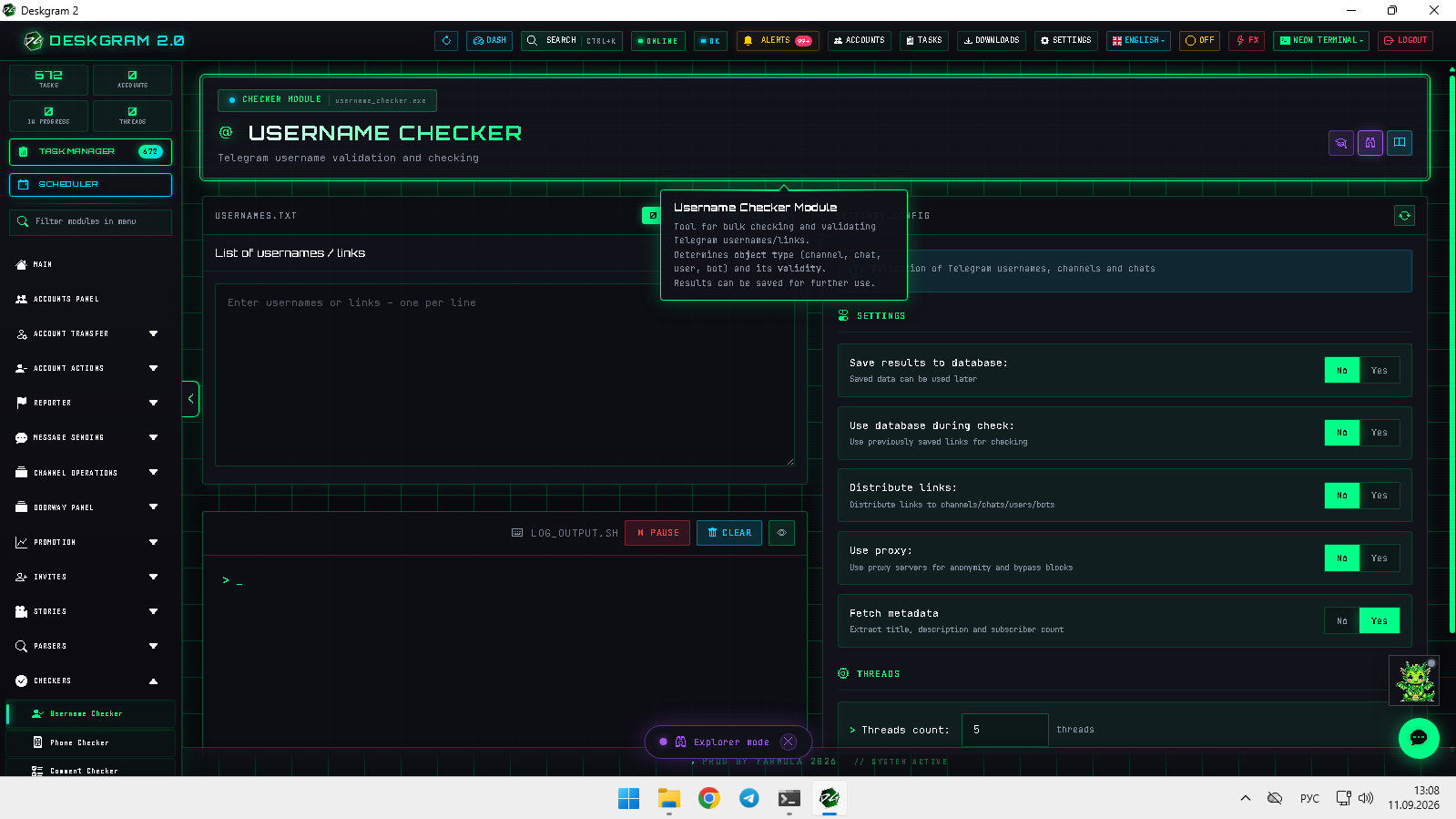 Link input, settings, and statistics. Username checker: main screen