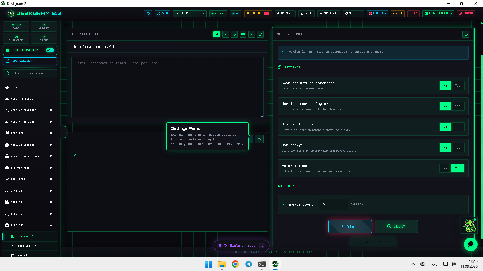 Main controls, proxy options, and limits. Username checker: settings