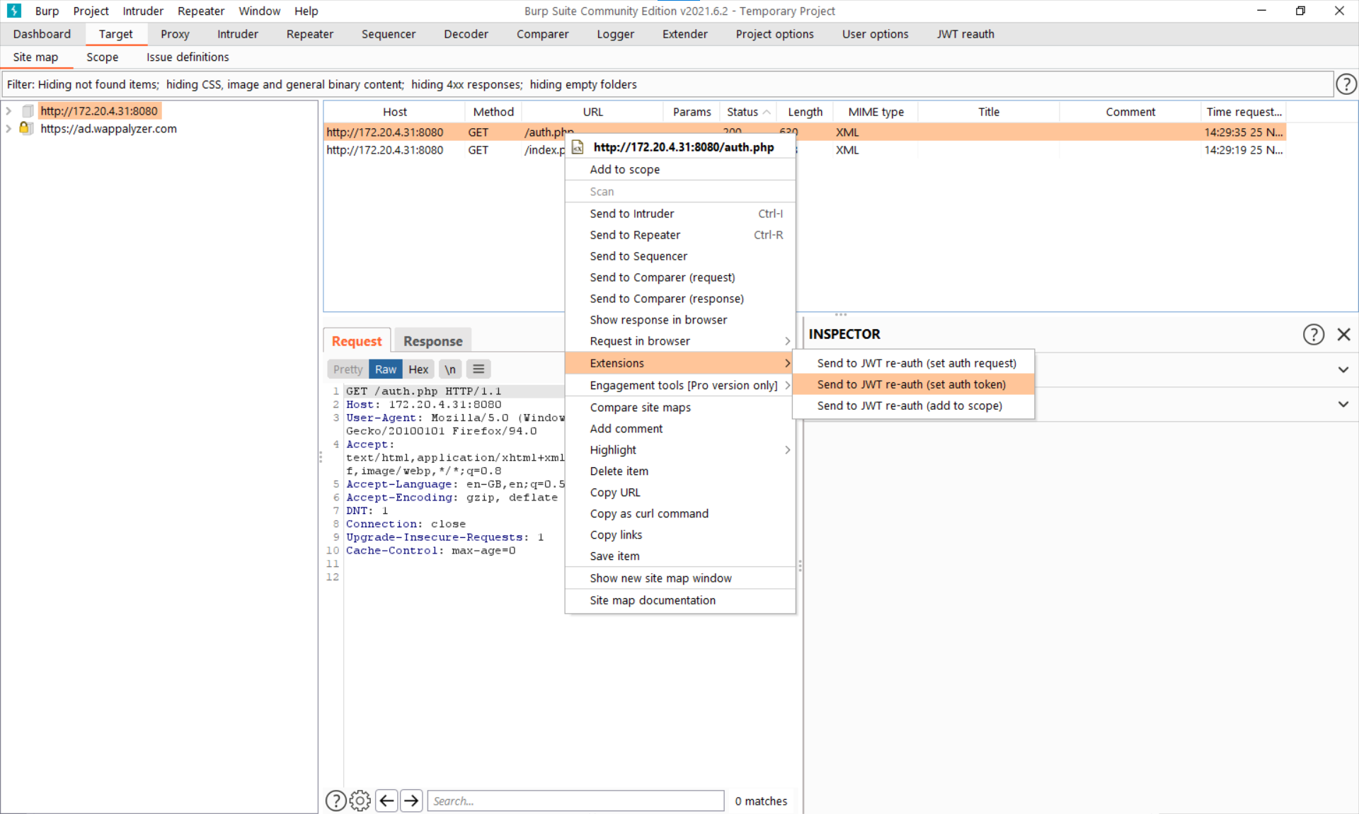 Screenshot showing a drop-down context menu inside of burpsuite, with the text "Send to JWT re-auth (set auth token)"