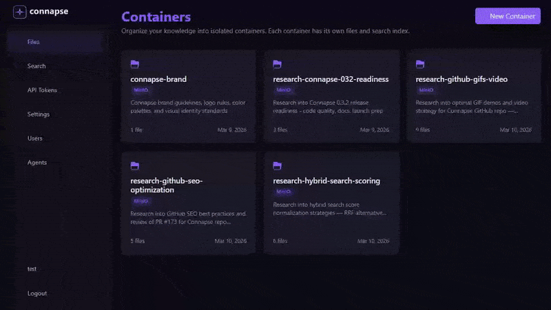 Connapse demo — upload a PDF, search with hybrid vector and keyword search, get results with source citations in seconds