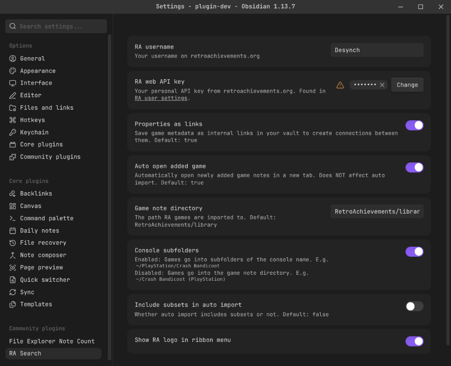 image of the settings menu in Obsidian
