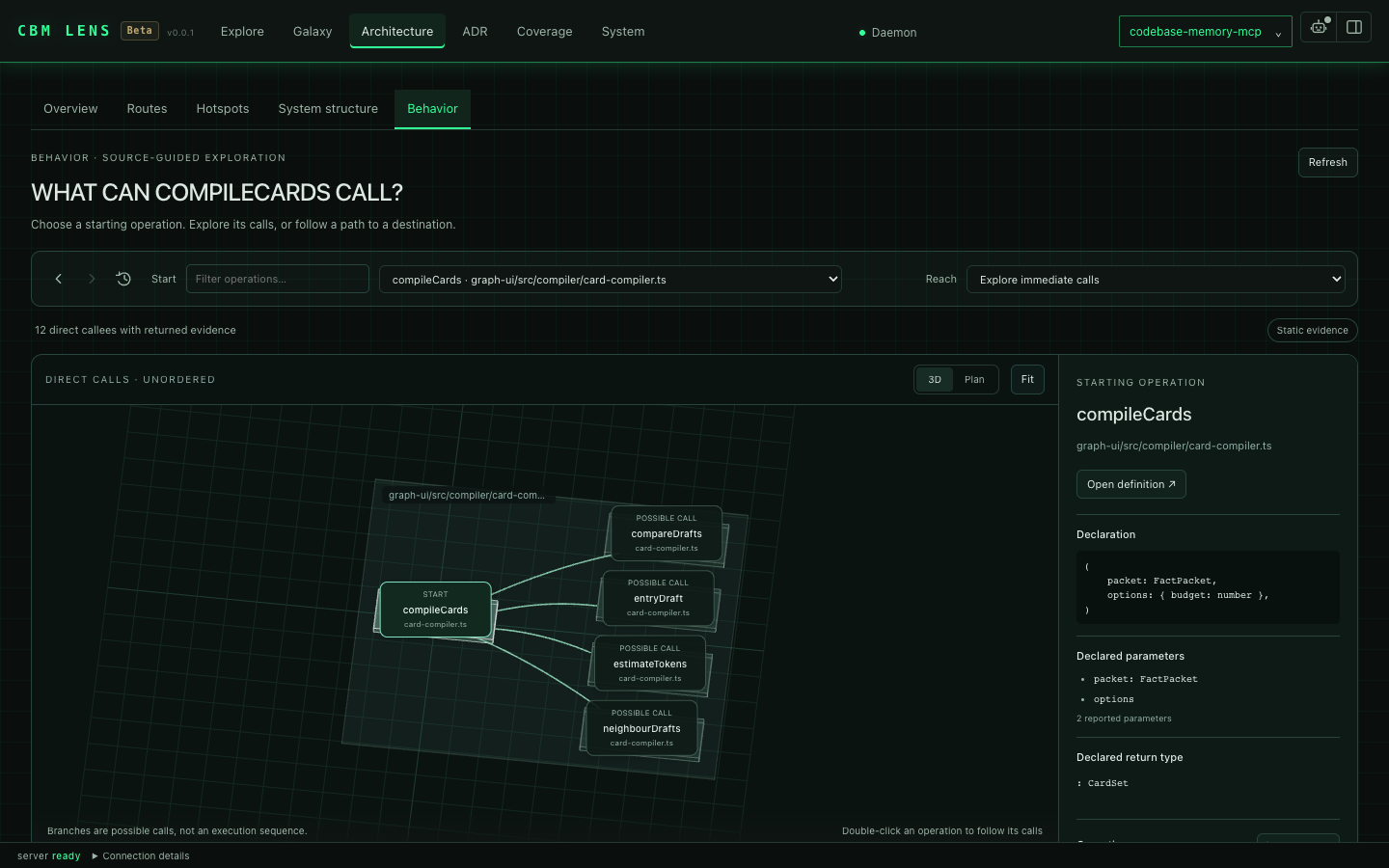 CBM Lens Beta Behavior view: the possible direct calls of compileCards and its declaration