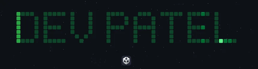 Animated GitHub-green space shooter spelling DEV PATEL; a Unity logo ship clears blocks powered by Dev Patel's public GitHub contribution activity.