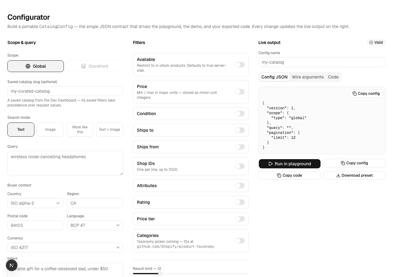 The three-panel configurator: scope & query, filters, and live CatalogConfig output