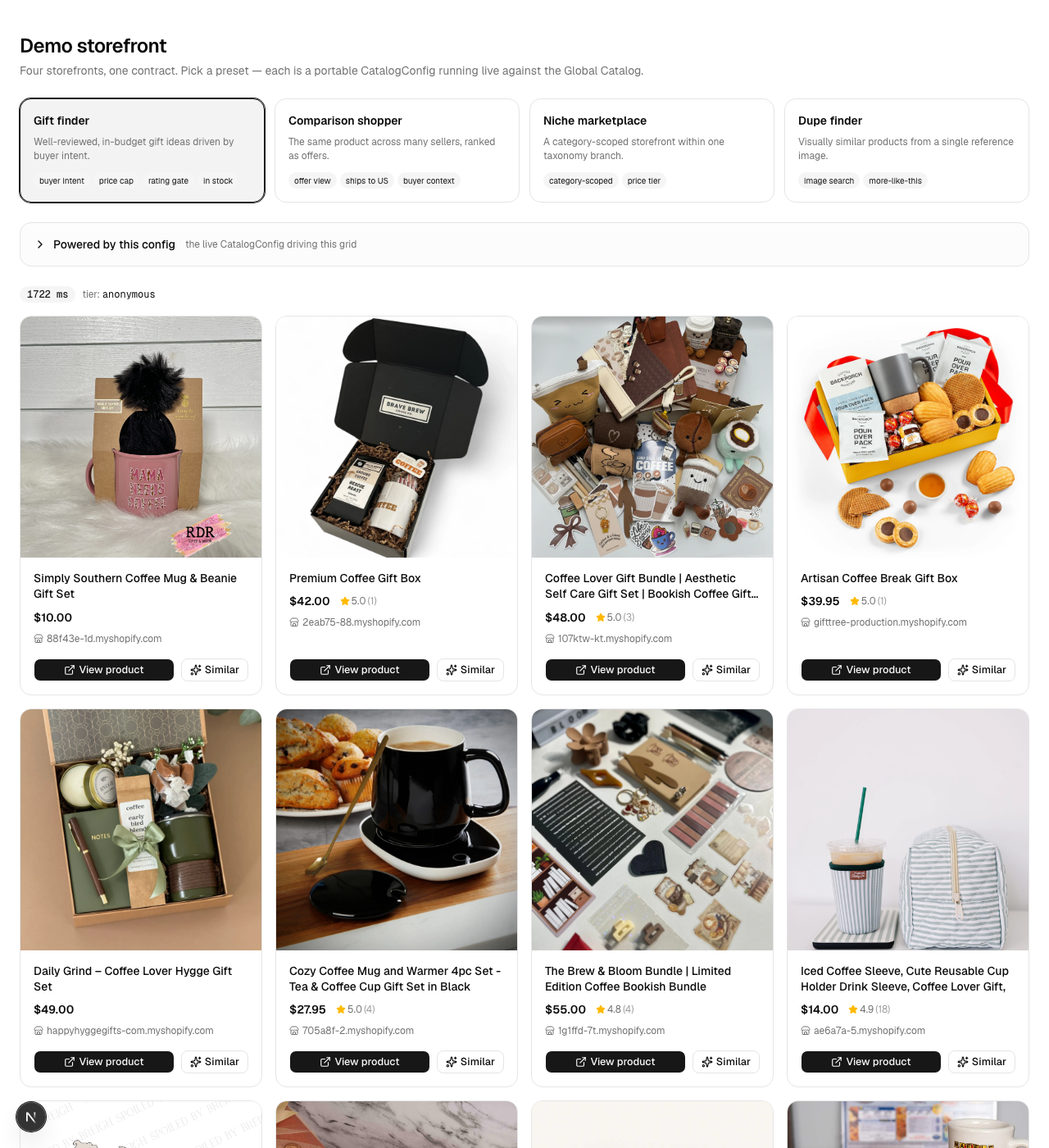 The demo storefront rendering the gift-finder preset: a live product grid with images, prices, ratings, and seller domains
