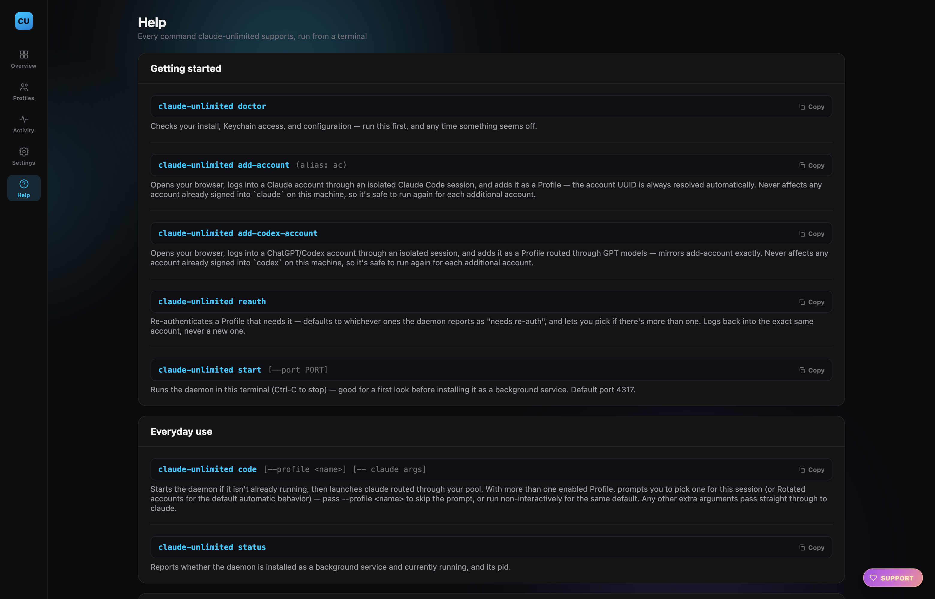 Help — every CLI command