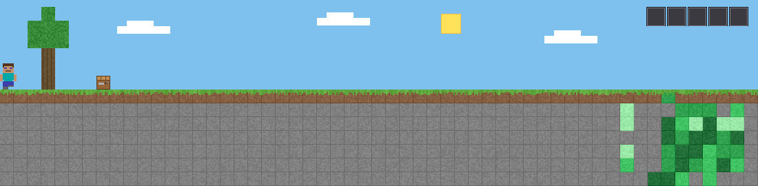 Steve crafting tools and armor in a 2D Minecraft world