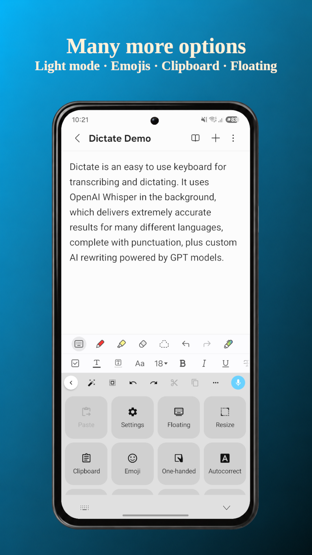 The keyboard in light mode, with its tool panel: clipboard, emoji, floating button, one-handed mode