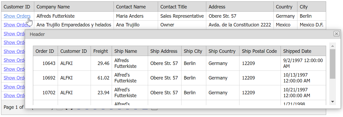 Display detail data in a pop-up window