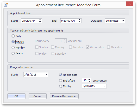 WinForms Scheduler - Create a custom recurrence form