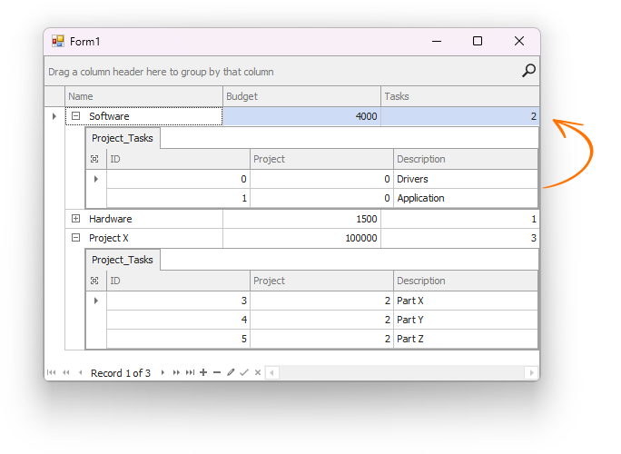 Winforms Data Grid - Calculate a summary against detail rows and display it in a master row cell