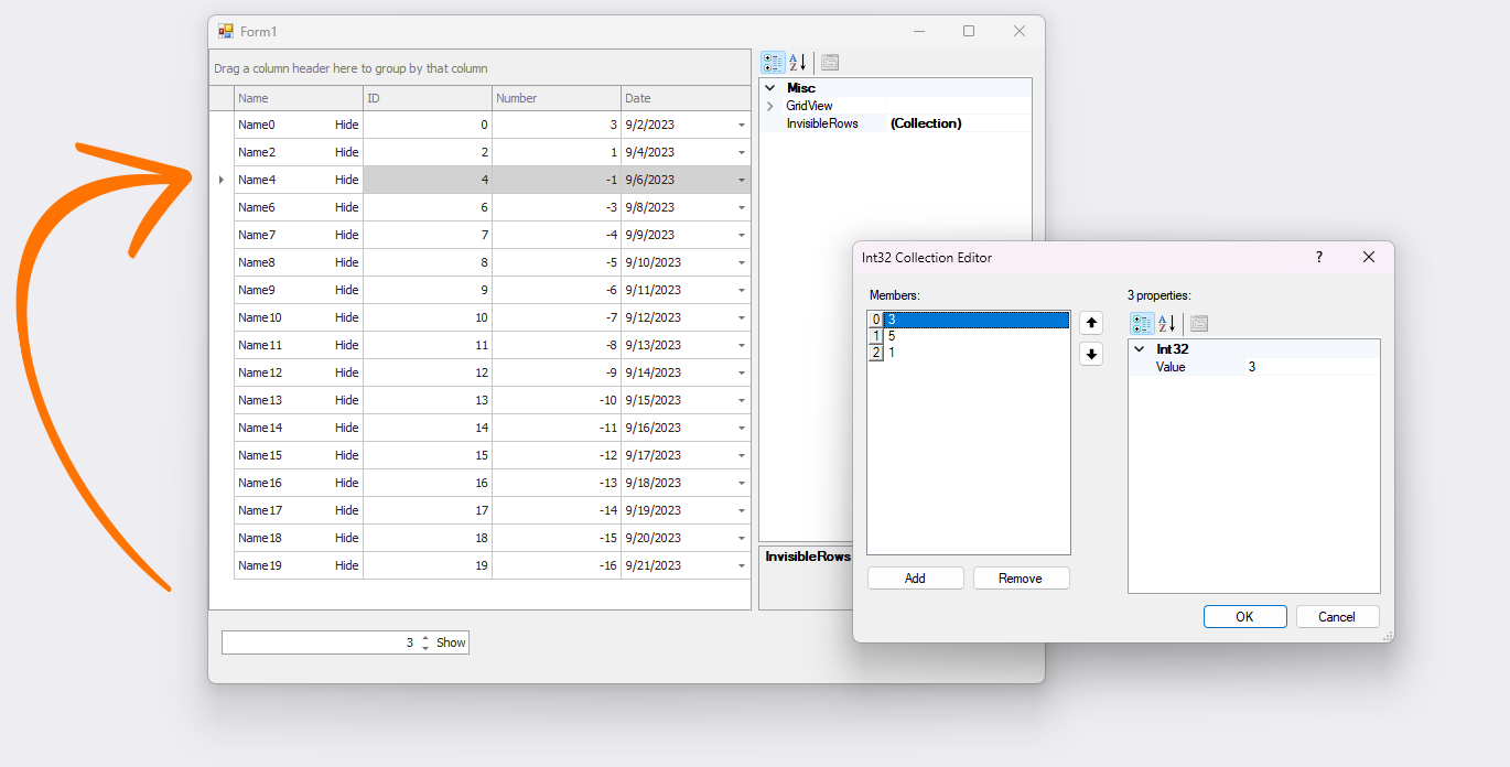 WinForms Data Grid - Toggle row visibility