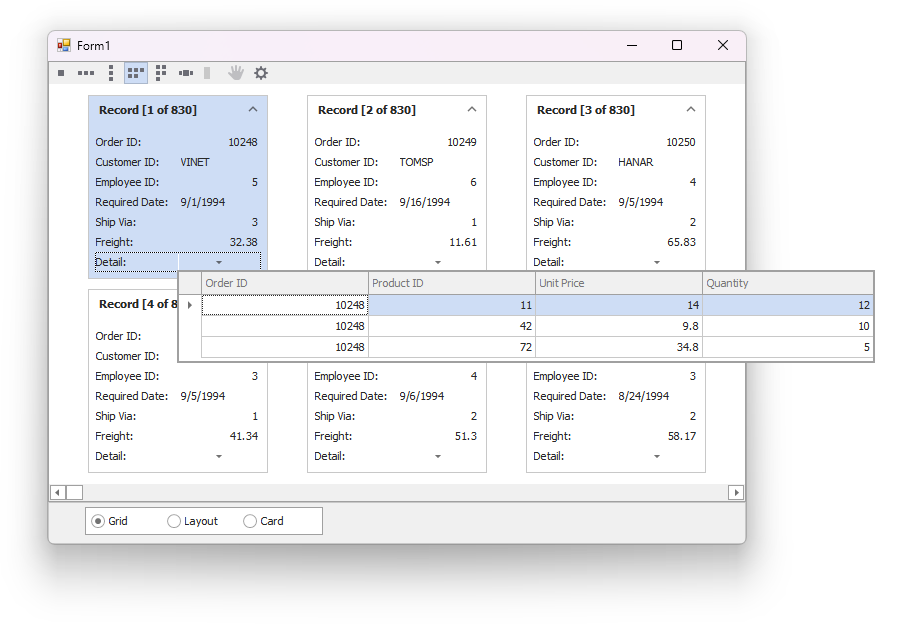 WinForms Data Grid - Use the Layout or Card View as a master View in master-detail mode