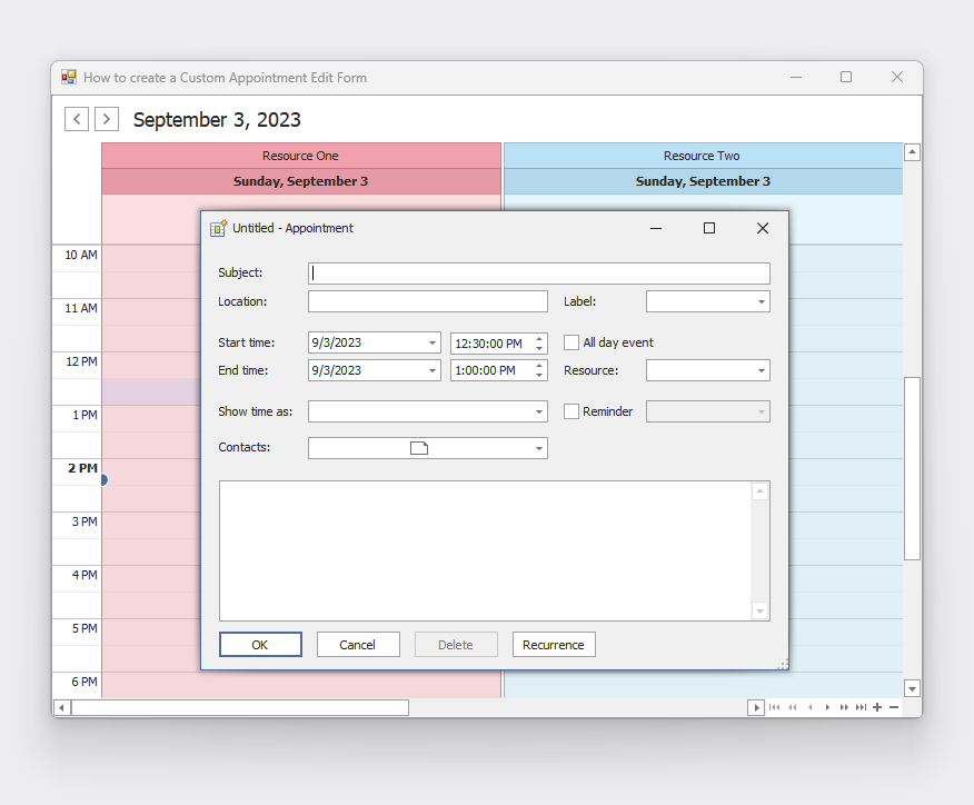 WinForms Scheduler - Create a custom appointment edit form