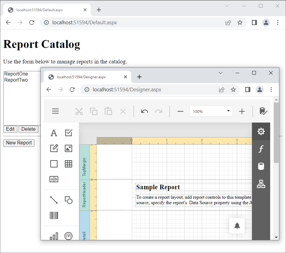 Report Designer with Report Storage and Custom Command