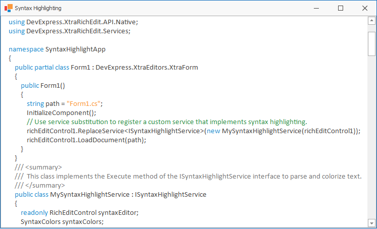 Rich Editor for WinForms - Implement ISyntaxHighlightService to Highlight C and VB Syntax | DevExpress Support