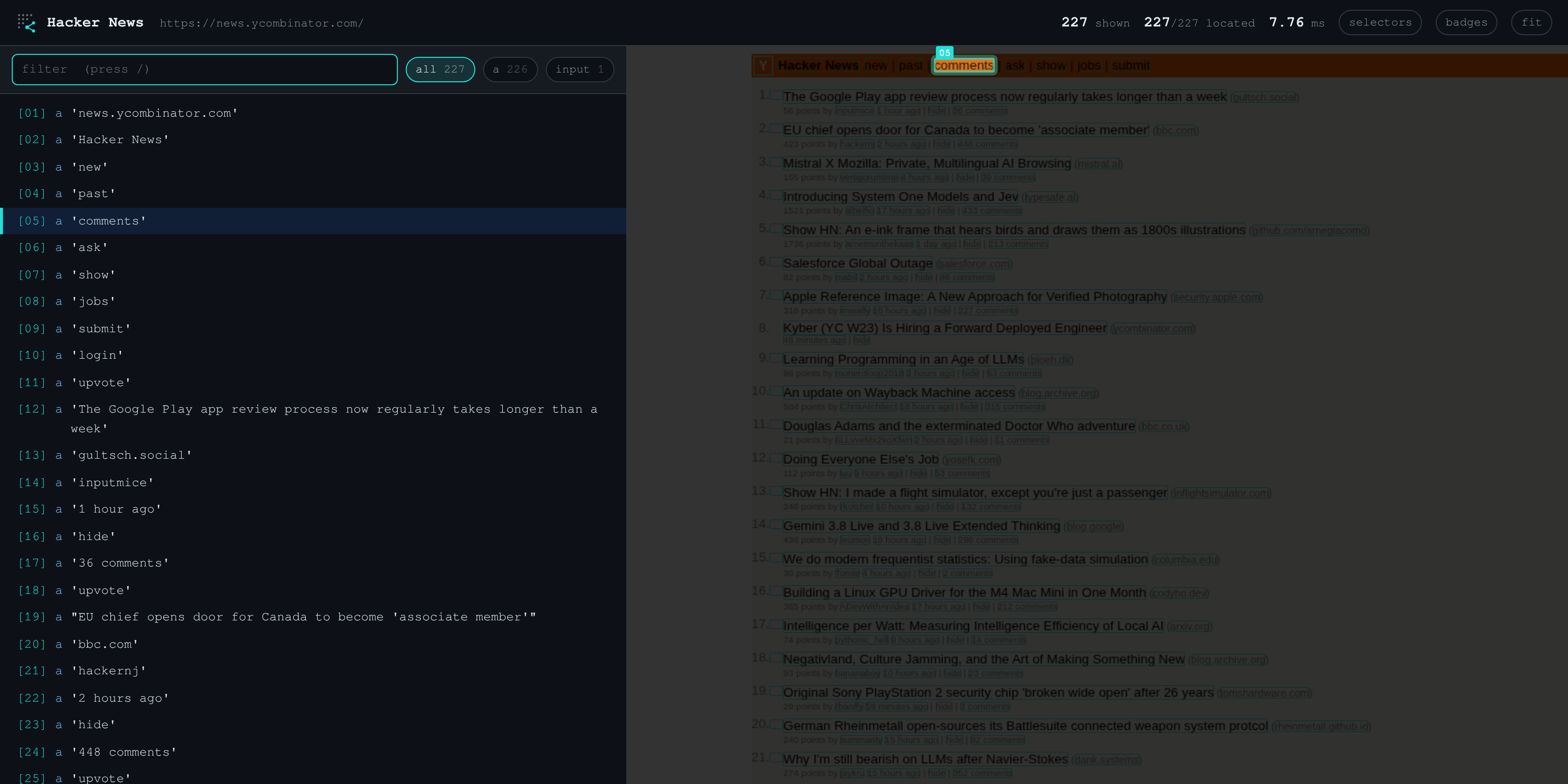 hovering a row in the ZeroDOM report dims the page to one spotlighted element