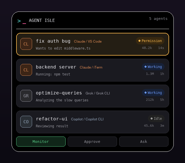 Agent Isle expanded island showing Claude, Grok, and Copilot sessions