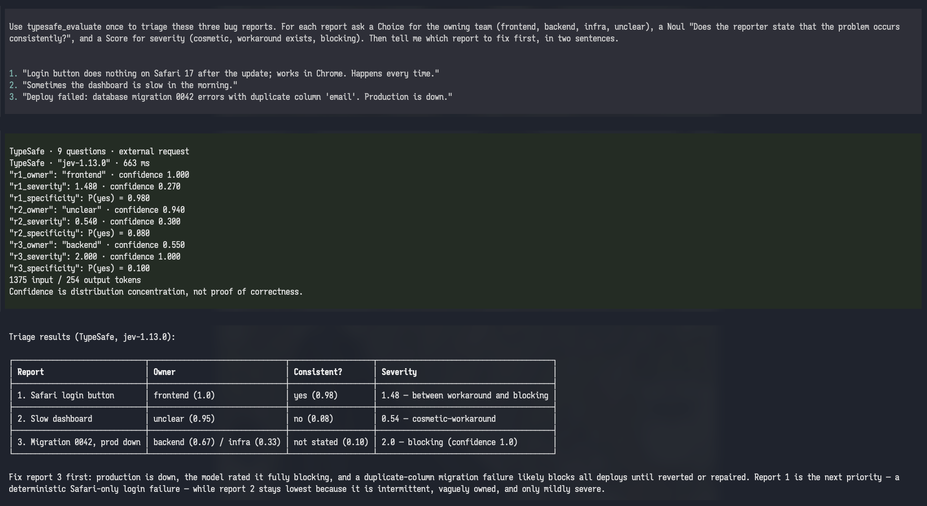 Pi triaging three bug reports with one batched TypeSafe call: the prompt, the rendered TypeSafe answers, and the agent's verdict