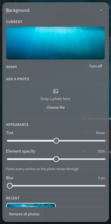 The Background panel: the current photo, the upload area, the Appearance sliders, and the Recent library