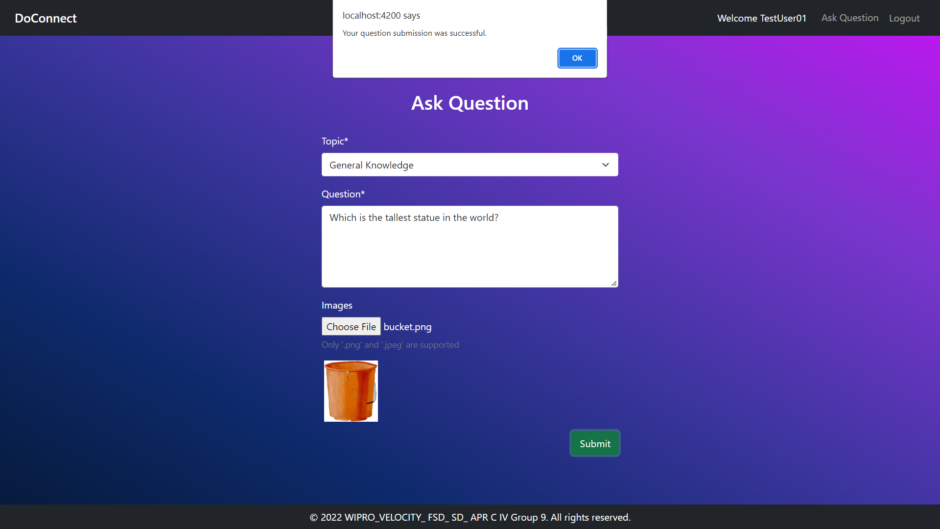 Ask Question Page Submission Successful