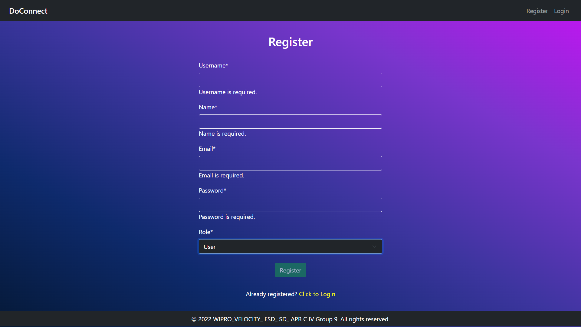 Registration Page with Invalid Fields