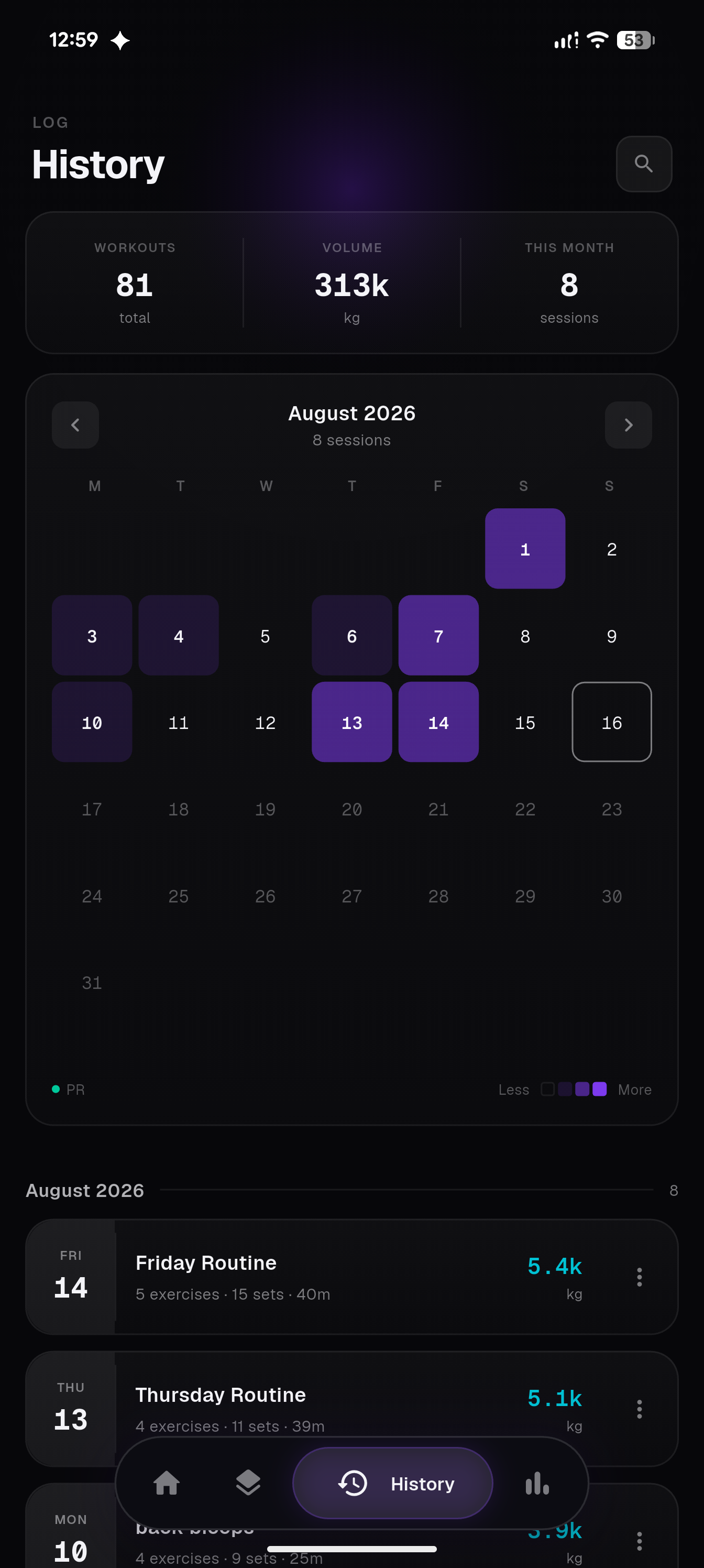 Workout history