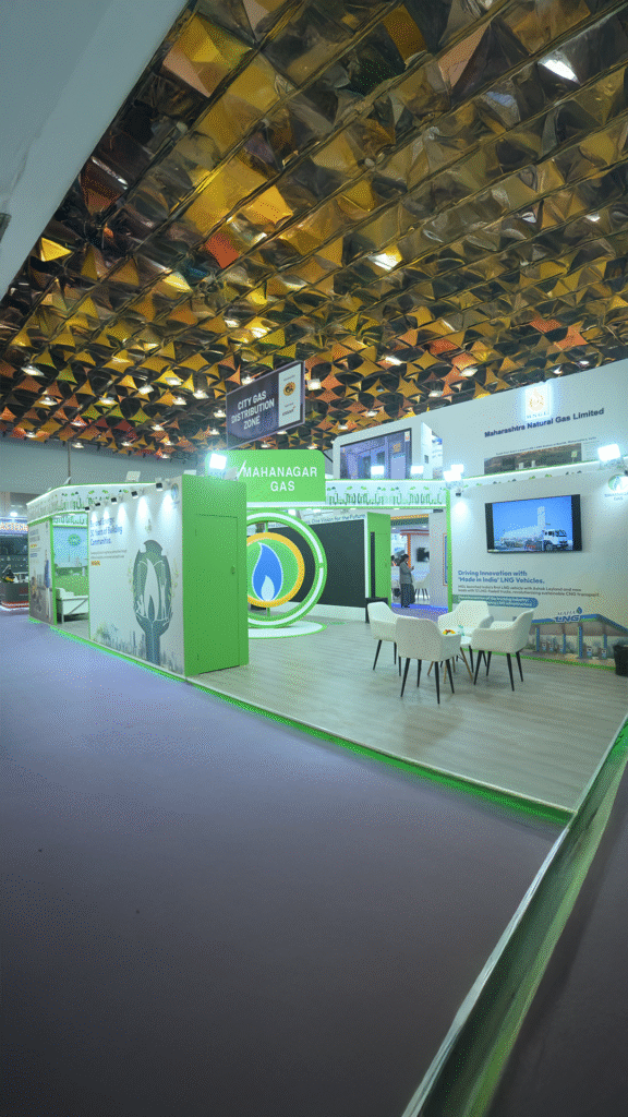 Exhibition space with orange accents