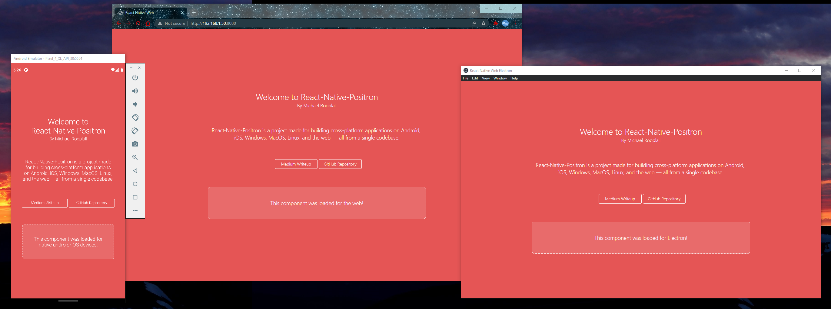 Snapshot of React Native Positron running in React Native, Electron, and the web
