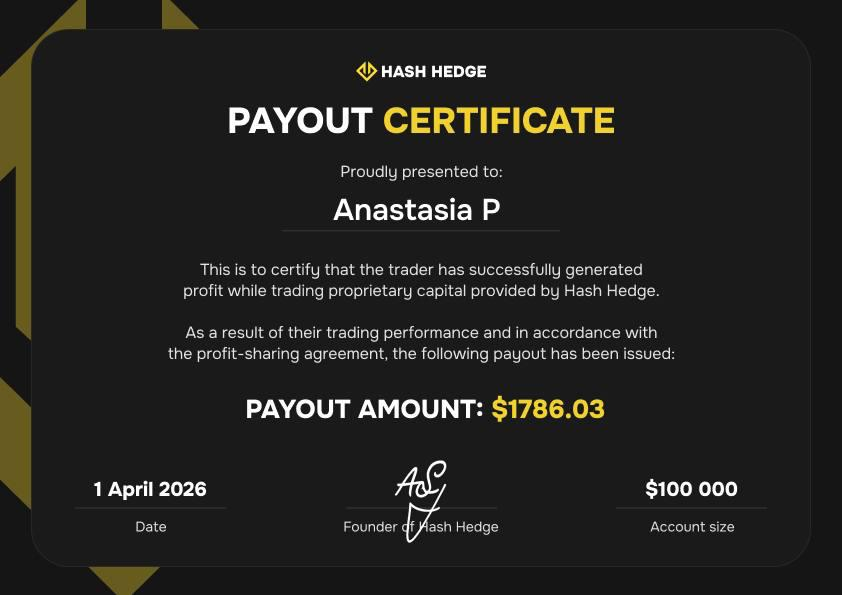 Screenshot do payout de US$1.786,04 — primeiro payout de Anastasia da Funded Account da Hash Hedge