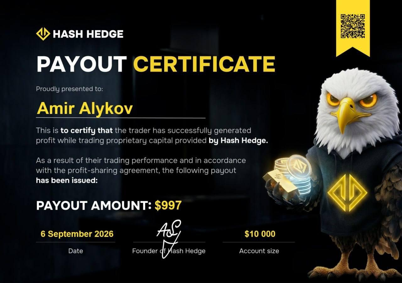 Amir's first $997 payout from his $10K account on Hash Hedge
