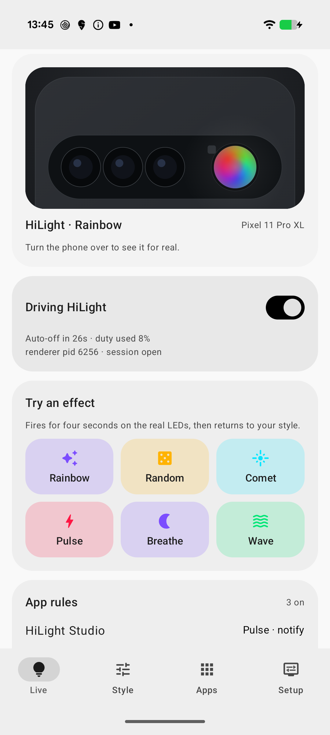 Live tab controlling the HiLight array on a Pixel 11 Pro XL
