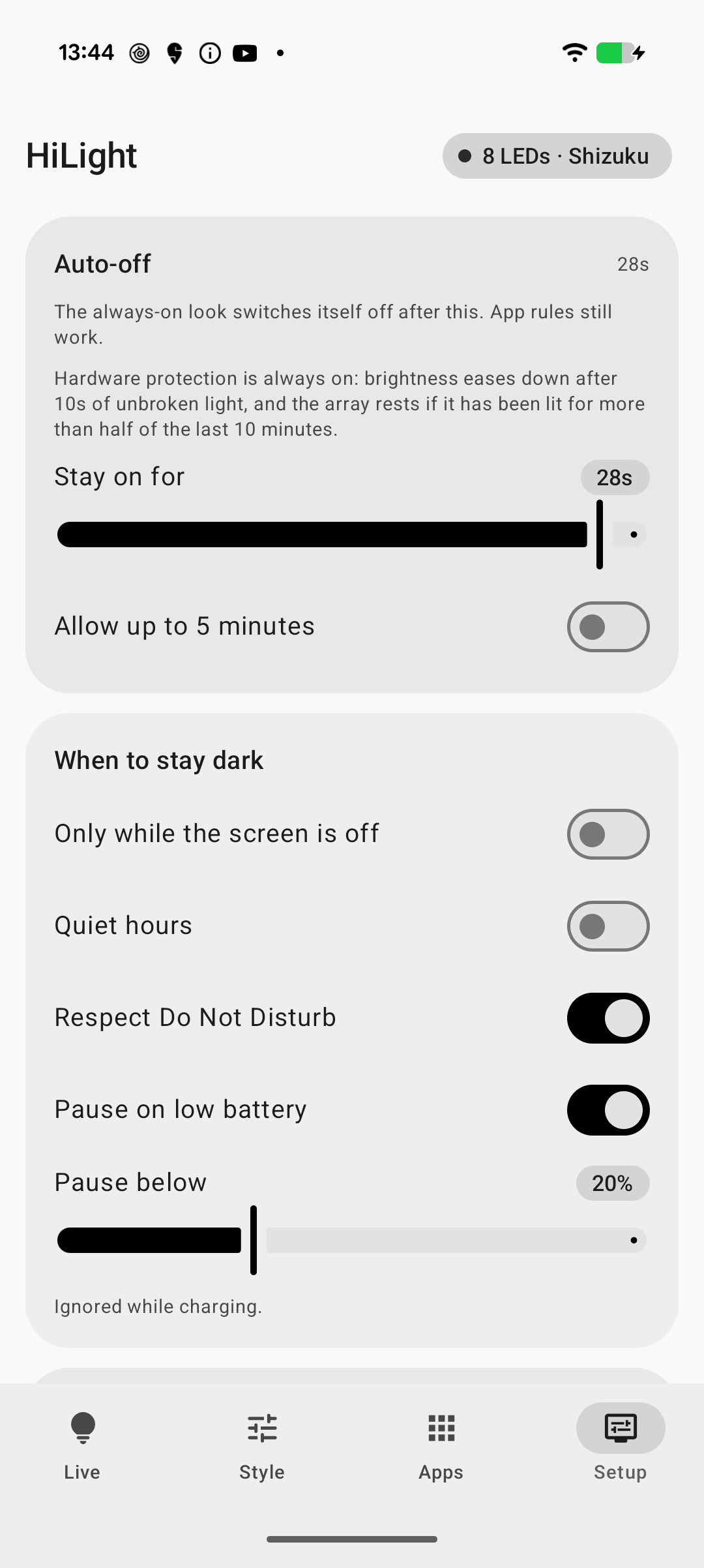 Setup tab with access and safety controls