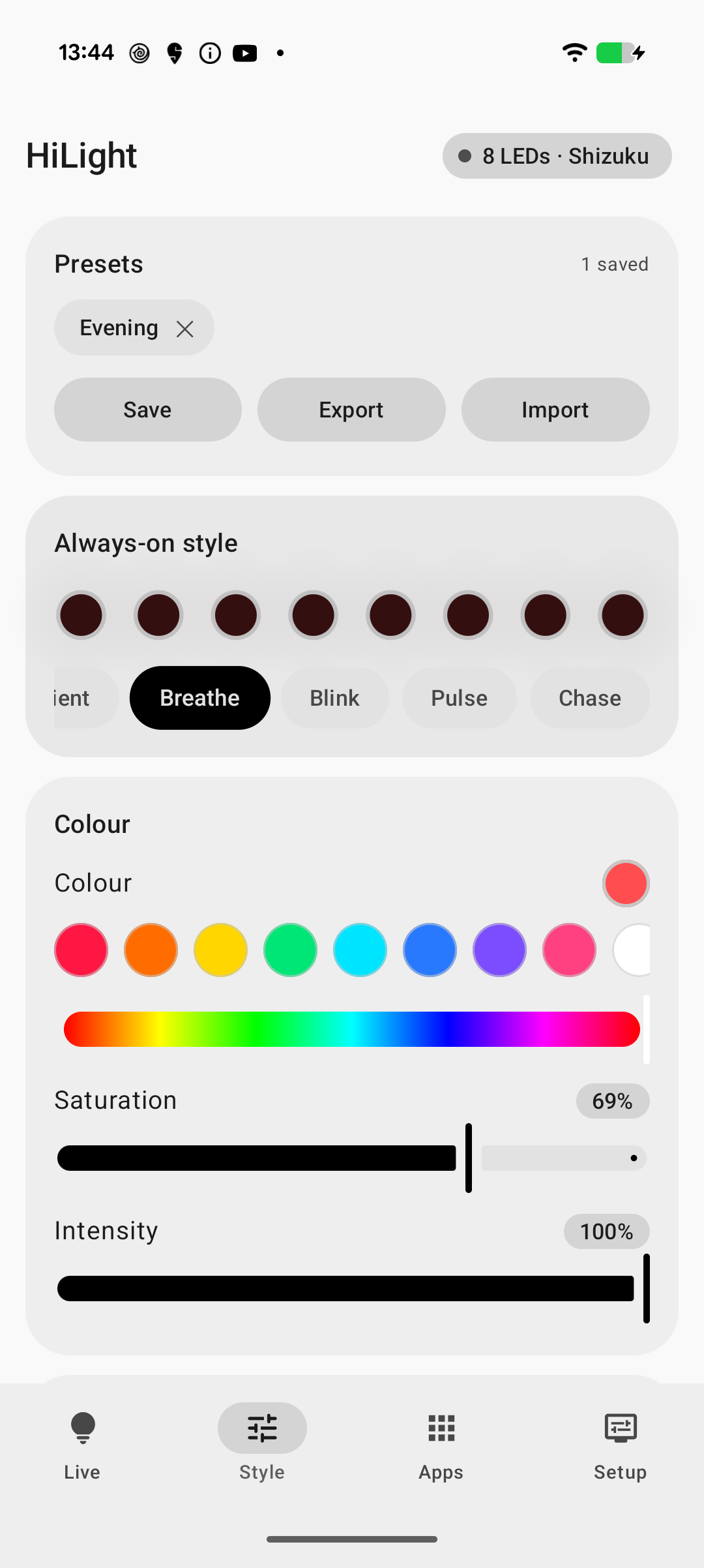 Style tab with presets, patterns, and colour controls