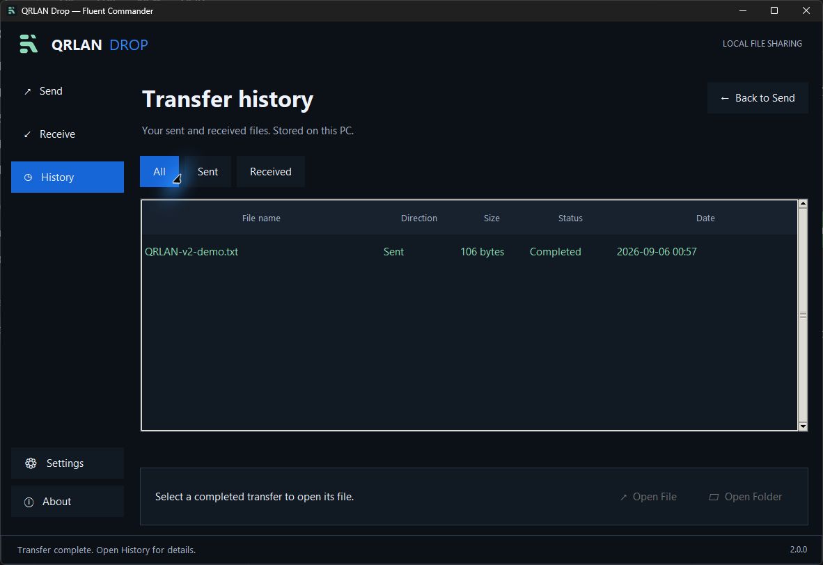 QRLAN Drop History screen with a completed transfer