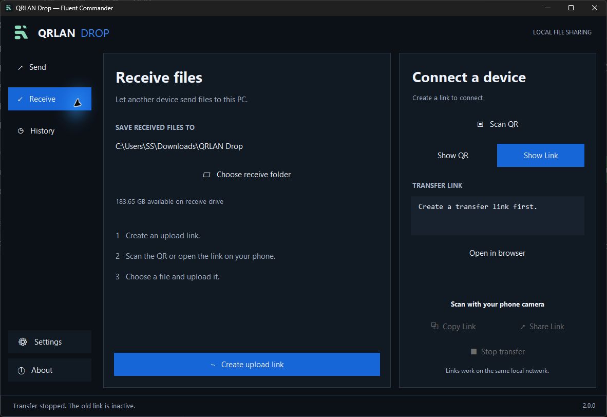 QRLAN Drop Receive screen