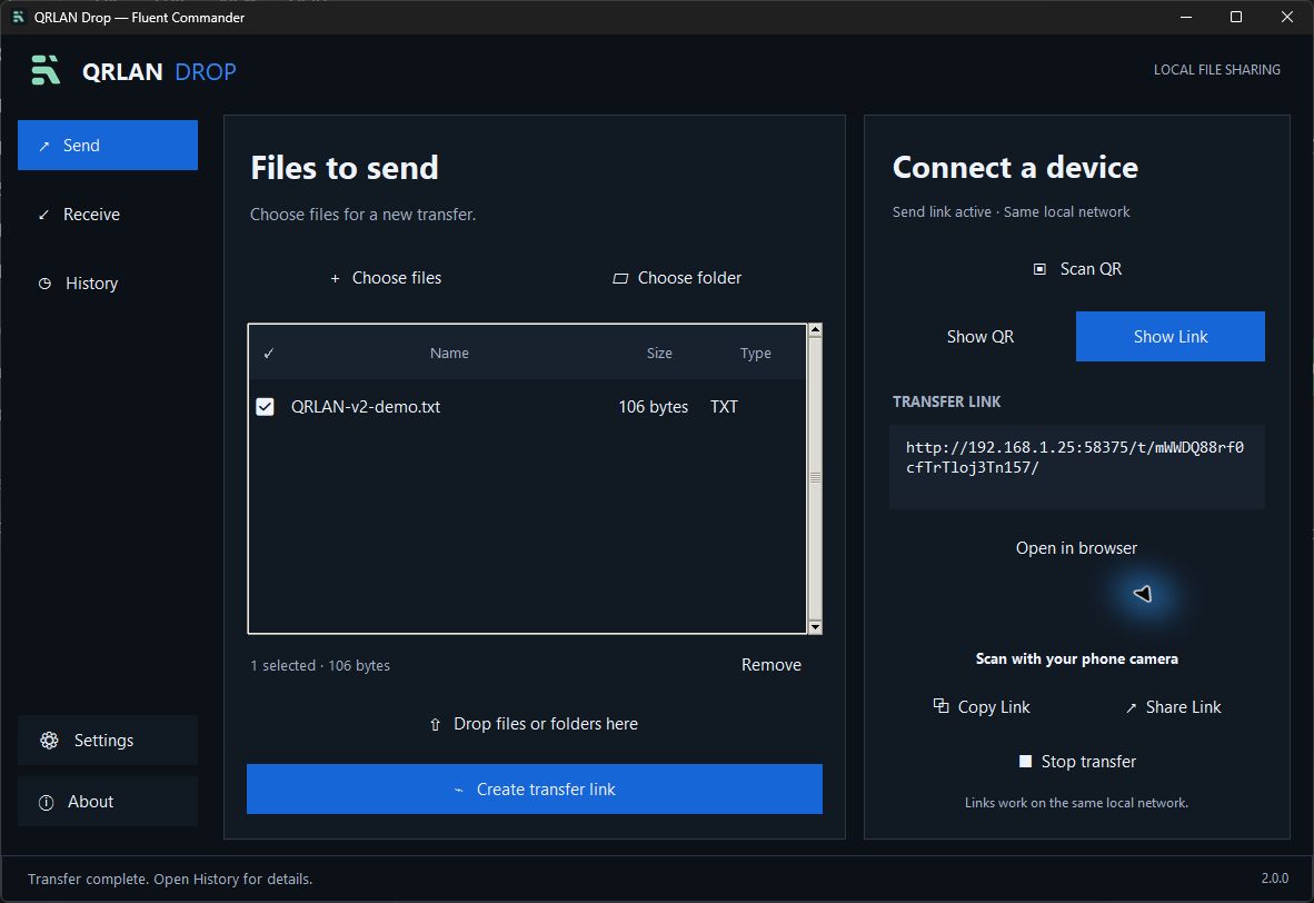 QRLAN Drop Show Link screen