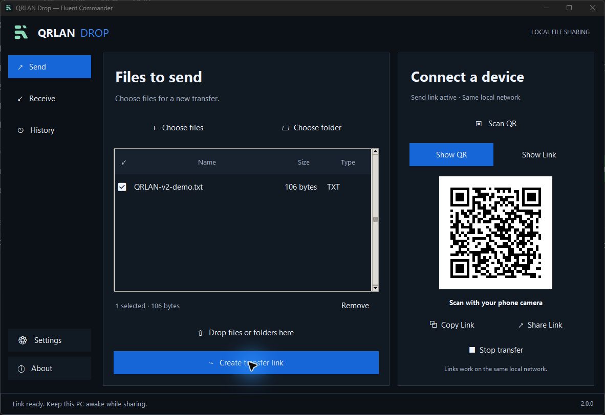 QRLAN Drop Send screen with an active QR code